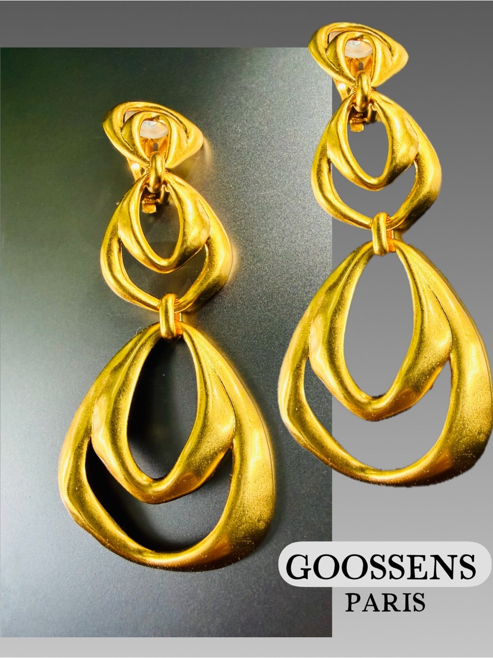 GOOSSENS PARIS SPIRALE THREE LINKS Gold Statement Drop Earrings✨Clip-On✨SIGNED